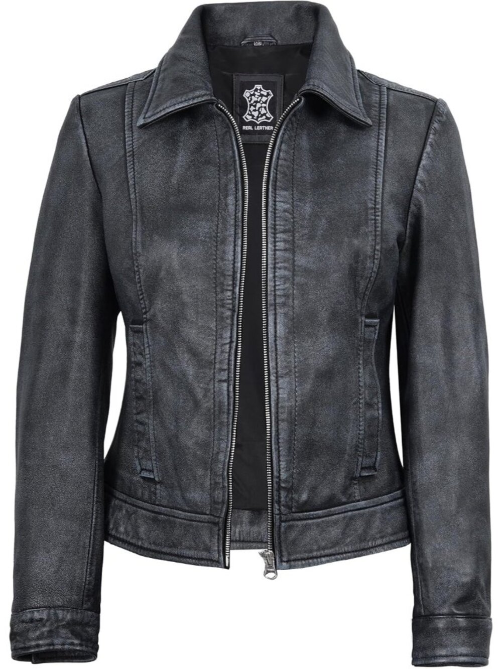 Womenâs Casual Vintage Leather Jacket Stylish Biker Coat-Distressed Wash Black